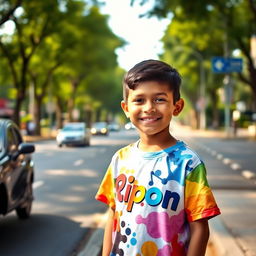 A young boy standing on the roadside, wearing a colorful T-shirt with the name 'Ripon' printed on it