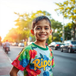 A young boy standing on the roadside, wearing a colorful T-shirt with the name 'Ripon' printed on it