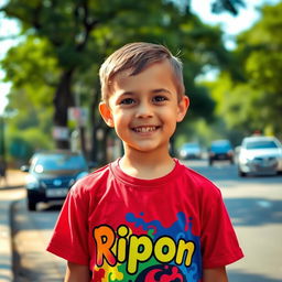 A young boy standing on the roadside, wearing a colorful T-shirt with the name 'Ripon' printed on it