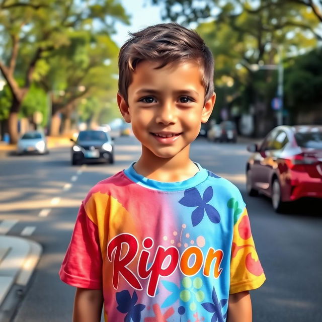 A young boy standing on the roadside, wearing a colorful T-shirt with the name 'Ripon' printed on it