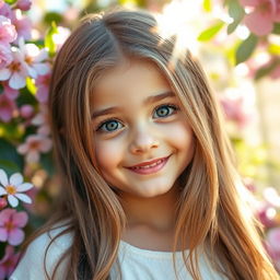 A beautiful young girl with big eyes and long hair, showcasing her attractiveness in a vibrant natural setting