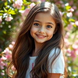 A beautiful young girl with big eyes and long hair, showcasing her attractiveness in a vibrant natural setting