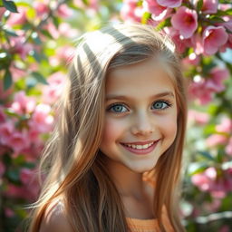 A beautiful young girl with big eyes and long hair, showcasing her attractiveness in a vibrant natural setting