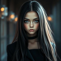A captivating girl with striking black eyes and long, flowing black hair