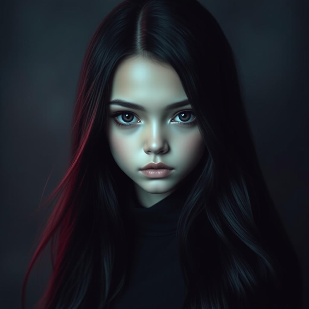 A captivating girl with striking black eyes and long, flowing black hair