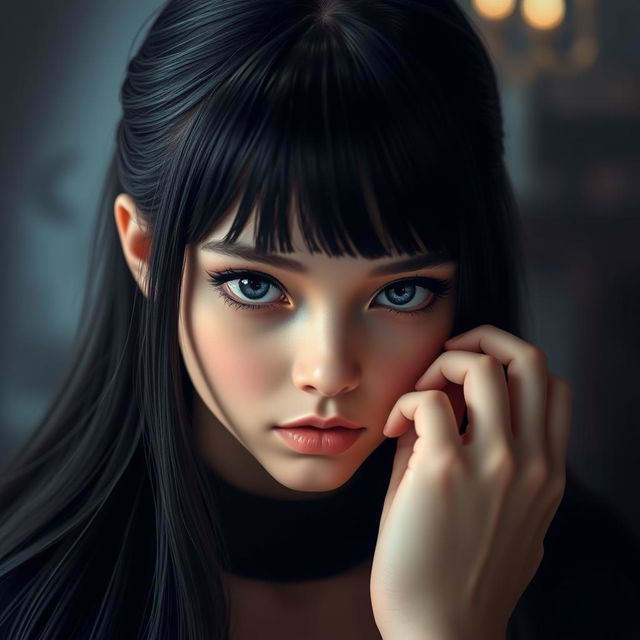 A captivating girl with striking black eyes and long, flowing black hair