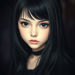 A captivating girl with striking black eyes and long, flowing black hair