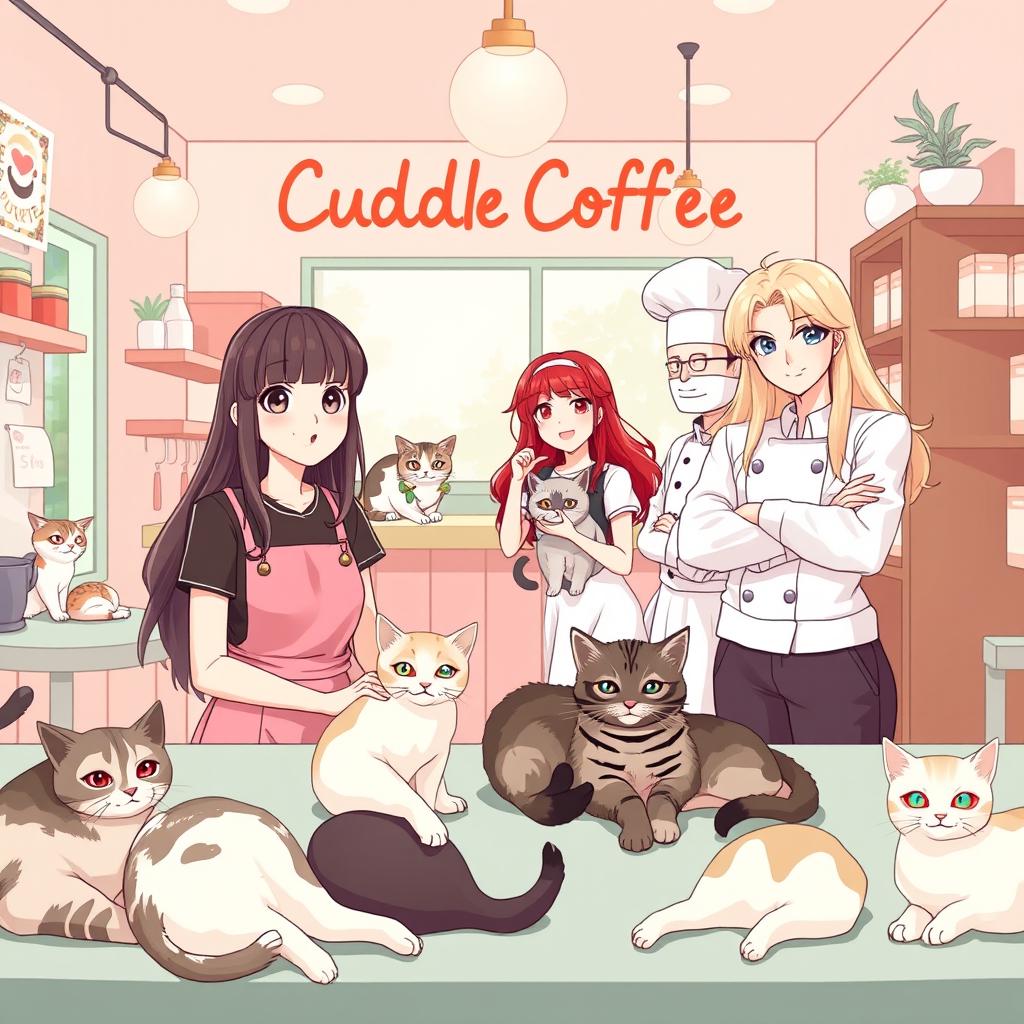 A lively and cozy cafe scene at Cuddle Coffee, where abandoned cats are lovingly cared for