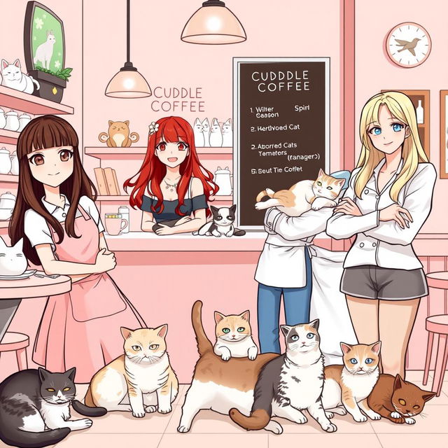 A lively and cozy cafe scene at Cuddle Coffee, where abandoned cats are lovingly cared for