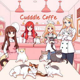 A lively and cozy cafe scene at Cuddle Coffee, where abandoned cats are lovingly cared for