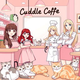 A lively and cozy cafe scene at Cuddle Coffee, where abandoned cats are lovingly cared for