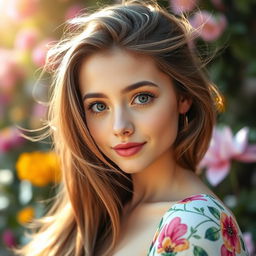A stunning 22-year-old woman with big eyes and long hair, exuding charm and confidence