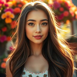 A stunning 22-year-old woman with big eyes and long hair, exuding charm and confidence