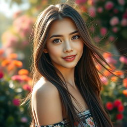 A stunning 22-year-old woman with big eyes and long hair, exuding charm and confidence