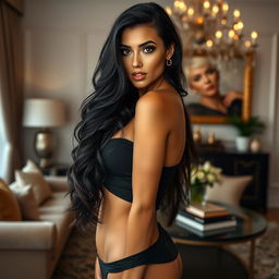 A seductive and confident woman with striking black eyes and long, flowing black hair