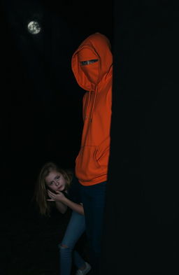 An 18 year old male with a shrouded face is standing in dark, dense woods