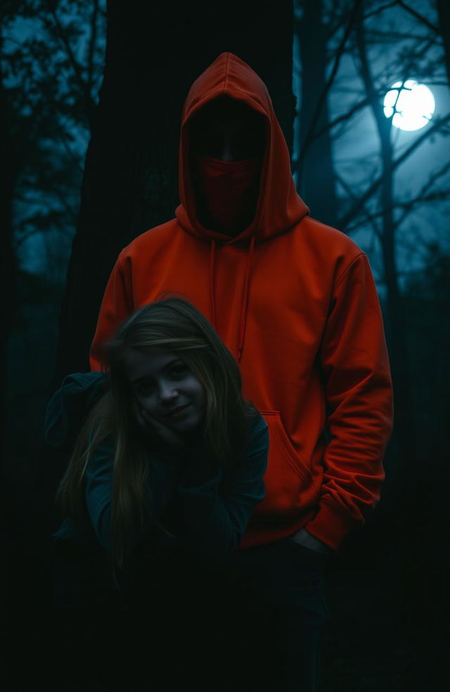 An 18 year old male with a shrouded face is standing in dark, dense woods