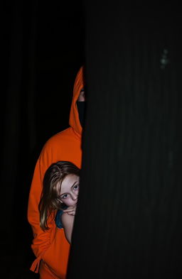 An 18 year old male with a shrouded face is standing in dark, dense woods