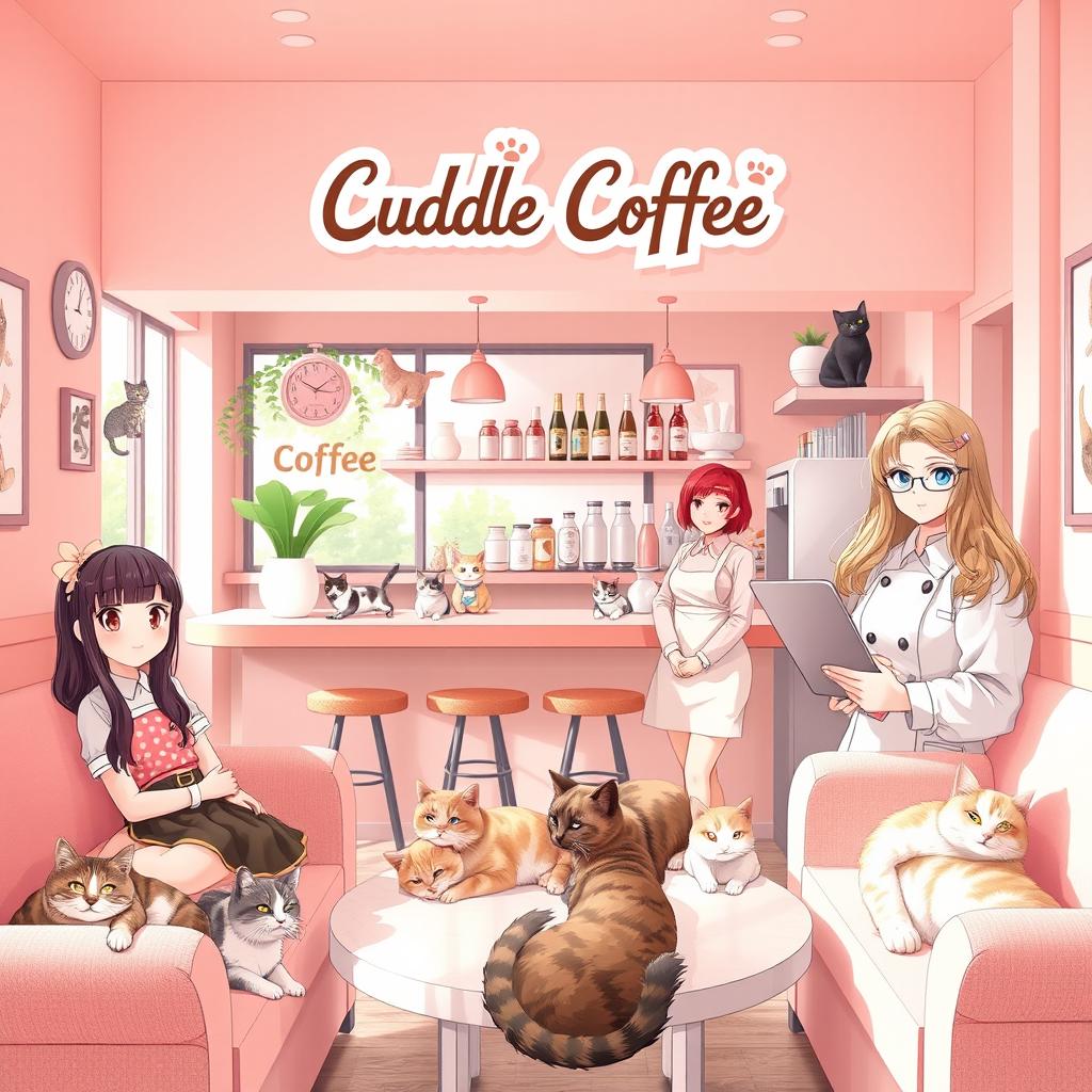 A warm and inviting scene inside a pastel-colored café named 'Cuddle Coffee', predominantly featuring soft pink tones