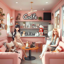 A warm and inviting scene inside a pastel-colored café named 'Cuddle Coffee', predominantly featuring soft pink tones