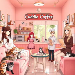 A warm and inviting scene inside a pastel-colored café named 'Cuddle Coffee', predominantly featuring soft pink tones