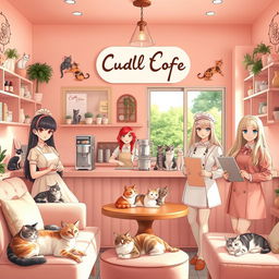 A warm and inviting scene inside a pastel-colored café named 'Cuddle Coffee', predominantly featuring soft pink tones