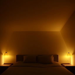 A cozy and simple modern room, beautifully comforting with a dim, yellow ambient light.