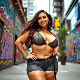 A curvy woman with a confident pose, wearing a stylish and revealing outfit that showcases her voluptuous figure