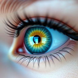 A mesmerizing close-up of a person's eyes featuring a striking combination of light blue irises with a vibrant yellow inner ring