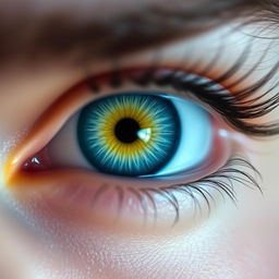A mesmerizing close-up of a person's eyes featuring a striking combination of light blue irises with a vibrant yellow inner ring