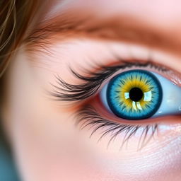 A mesmerizing close-up of a person's eyes featuring a striking combination of light blue irises with a vibrant yellow inner ring