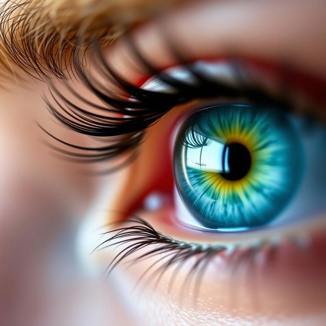 A mesmerizing close-up of a person's eyes featuring a striking combination of light blue irises with a vibrant yellow inner ring