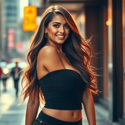 A confident and alluring young woman with a captivating smile, showcasing her curvy figure