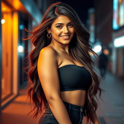 A confident and alluring young woman with a captivating smile, showcasing her curvy figure