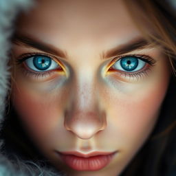 A close-up portrait of a person with striking light blue eyes, accented with hints of yellow, exuding an intense gaze