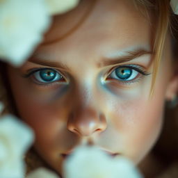 A close-up portrait of a person with striking light blue eyes, accented with hints of yellow, exuding an intense gaze