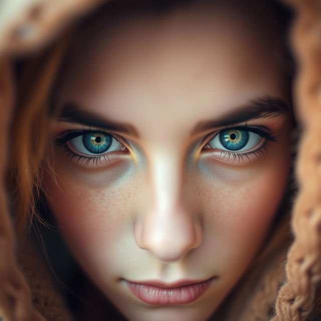 A close-up portrait of a person with striking light blue eyes, accented with hints of yellow, exuding an intense gaze