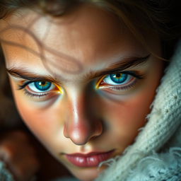 A close-up portrait of a person with striking light blue eyes, accented with hints of yellow, exuding an intense gaze