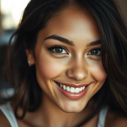 A close-up, artistic portrait of a young woman with a confident expression, showcasing her beauty and allure