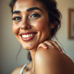 A close-up, artistic portrait of a young woman with a confident expression, showcasing her beauty and allure
