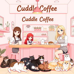 A cozy and inviting Cuddle Coffee cafe, featuring soft pastel colors, predominantly pink