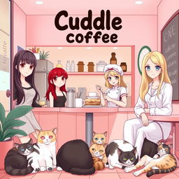 A cozy and inviting Cuddle Coffee cafe, featuring soft pastel colors, predominantly pink