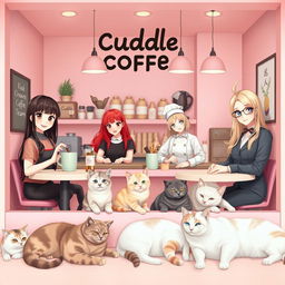A cozy and inviting Cuddle Coffee cafe, featuring soft pastel colors, predominantly pink