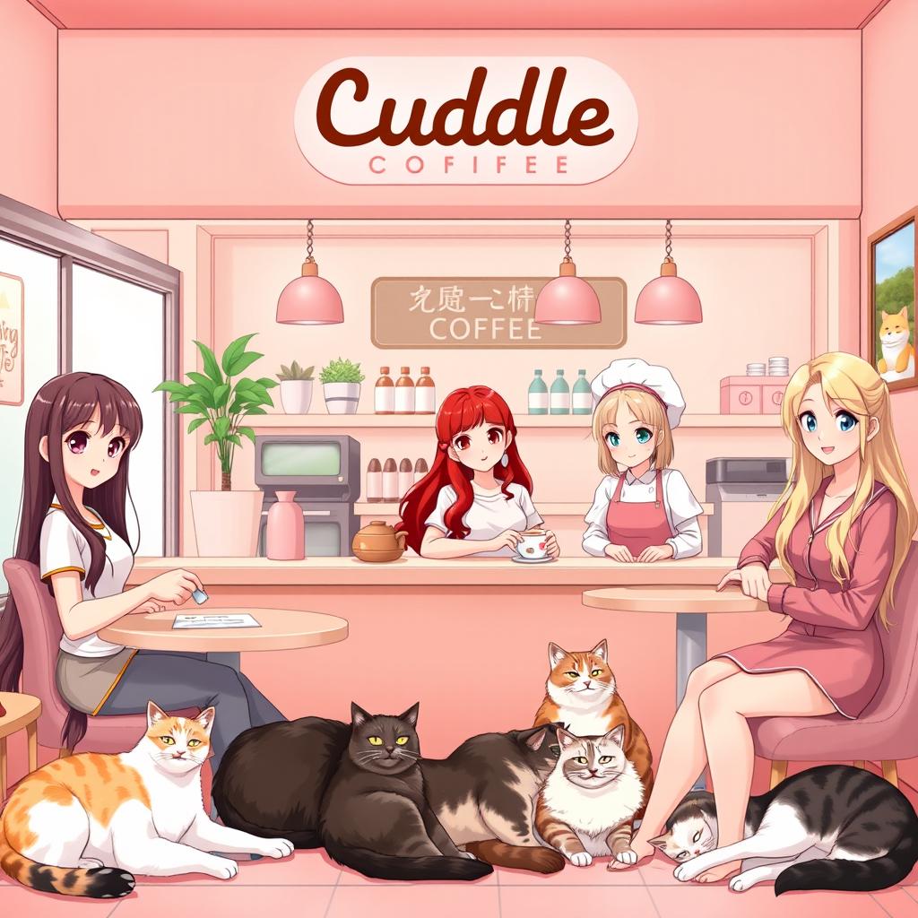 A cozy and inviting Cuddle Coffee cafe, featuring soft pastel colors, predominantly pink