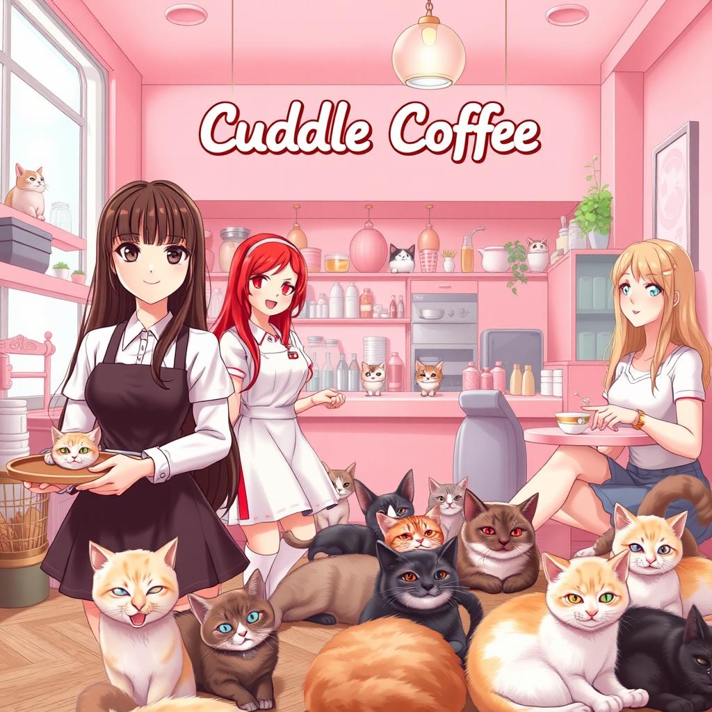 A vibrant scene in a pastel-colored cafe named Cuddle Coffee, primarily in soft pink shades
