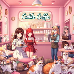 A vibrant scene in a pastel-colored cafe named Cuddle Coffee, primarily in soft pink shades