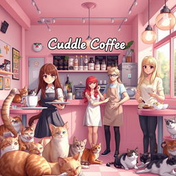 A vibrant scene in a pastel-colored cafe named Cuddle Coffee, primarily in soft pink shades