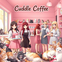 A vibrant scene in a pastel-colored cafe named Cuddle Coffee, primarily in soft pink shades