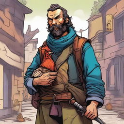 A vibrant comic book style portrait illustration featuring a homeless vagrant turned bard and fantasy DnD fighter