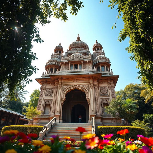 A beautifully detailed view of the historical structure known as '11 Pirs Mandir', capturing its traditional architecture surrounded by lush greenery